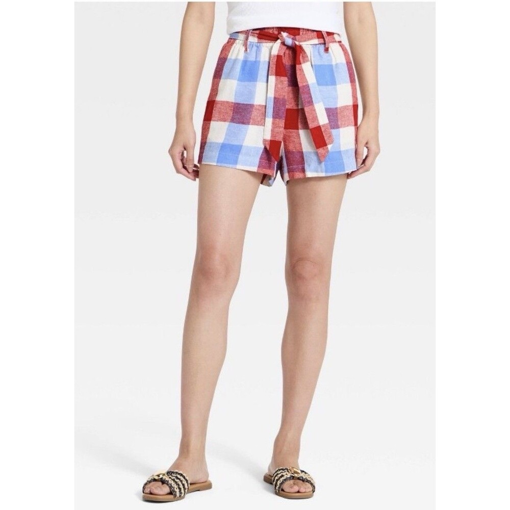 A New Day Women's Plaid Tie Waist Shorts Medium Red Blue White Linen Blend Pull